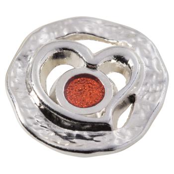Metallknopf in Silber mit Herzmotiv und orangenem Punkt