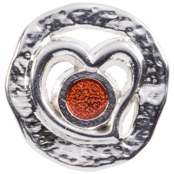 Metallknopf in Silber mit Herzmotiv und orangenem Punkt