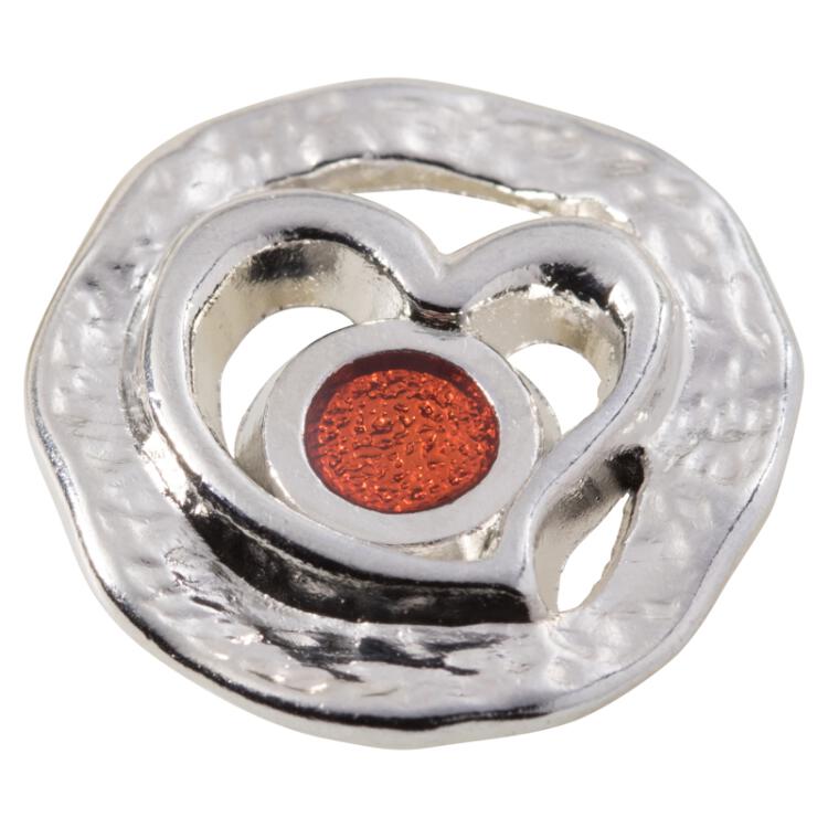 Metallknopf in Silber mit Herzmotiv und orangenem Punkt 15mm