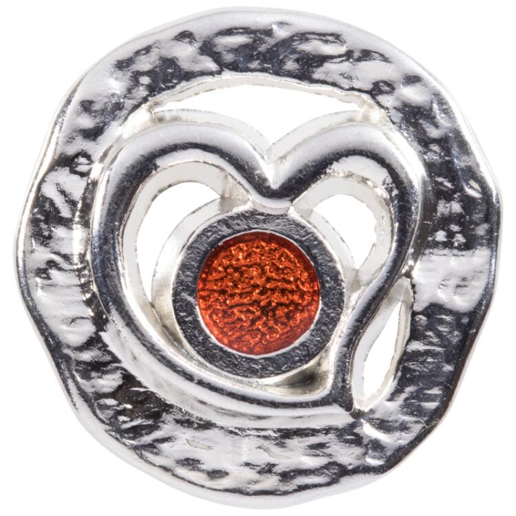Metallknopf in Silber mit Herzmotiv und orangenem Punkt 23mm