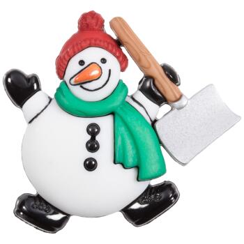 Weihnachtsknopf - lustiger Schneemann mit Schneeschaufel
