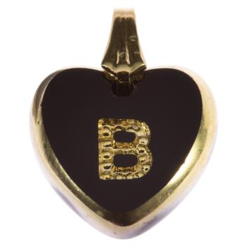 Anhänger mit Schlaufe herzförmig aus schwarzem Glas mit Buchstabe "B" in Gold 15mm