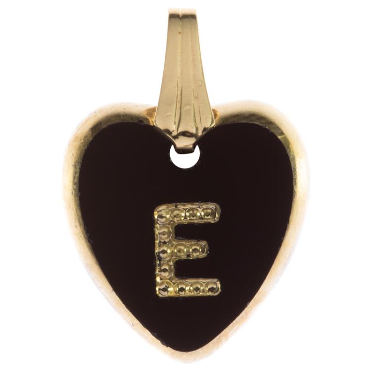Anhänger mit Schlaufe herzförmig aus schwarzem Glas mit Buchstabe "E" in Gold 15mm