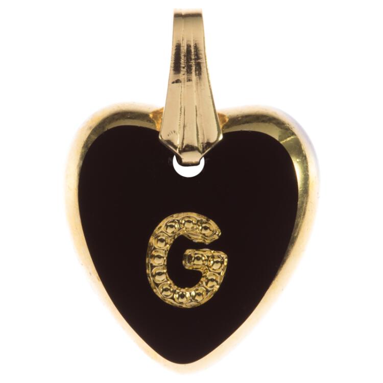 Anhänger mit Schlaufe herzförmig aus schwarzem Glas mit Buchstabe "G" in Gold 15mm