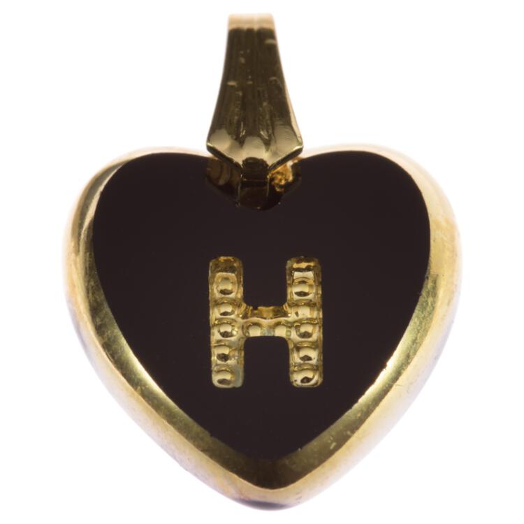 Anhänger mit Schlaufe herzförmig aus schwarzem Glas mit Buchstabe H in Gold 15mm