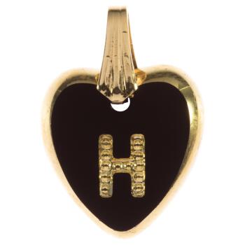 Anhänger mit Schlaufe herzförmig aus schwarzem Glas mit Buchstabe "H" in Gold 15mm