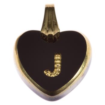 Anhänger mit Schlaufe herzförmig aus schwarzem Glas mit Buchstabe "J" in Gold 15mm
