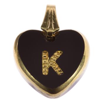 Anhänger mit Schlaufe herzförmig aus schwarzem Glas mit Buchstabe "K" in Gold 15mm