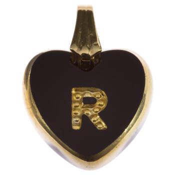 Anhänger mit Schlaufe herzförmig aus schwarzem Glas mit Buchstabe "R" in Gold 15mm