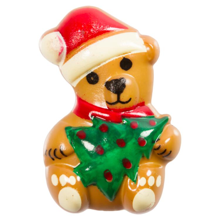 Weihnachtsknopf - Teddy in Weihnachtsmütze mit Tannenbaum in der Hand 28mm