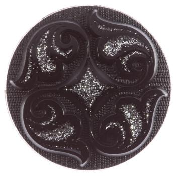 Kunststoffknopf in Schwarz mit floralem Muster geschmückt mit Glitzer