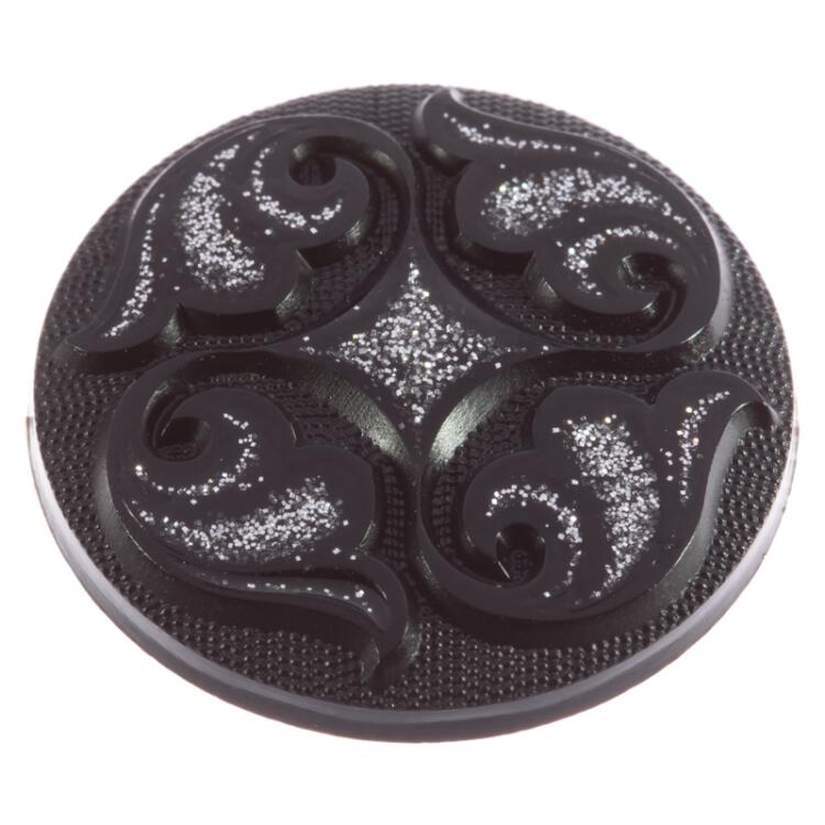 Kunststoffknopf in Schwarz mit floralem Muster geschmückt mit Glitzer 15mm