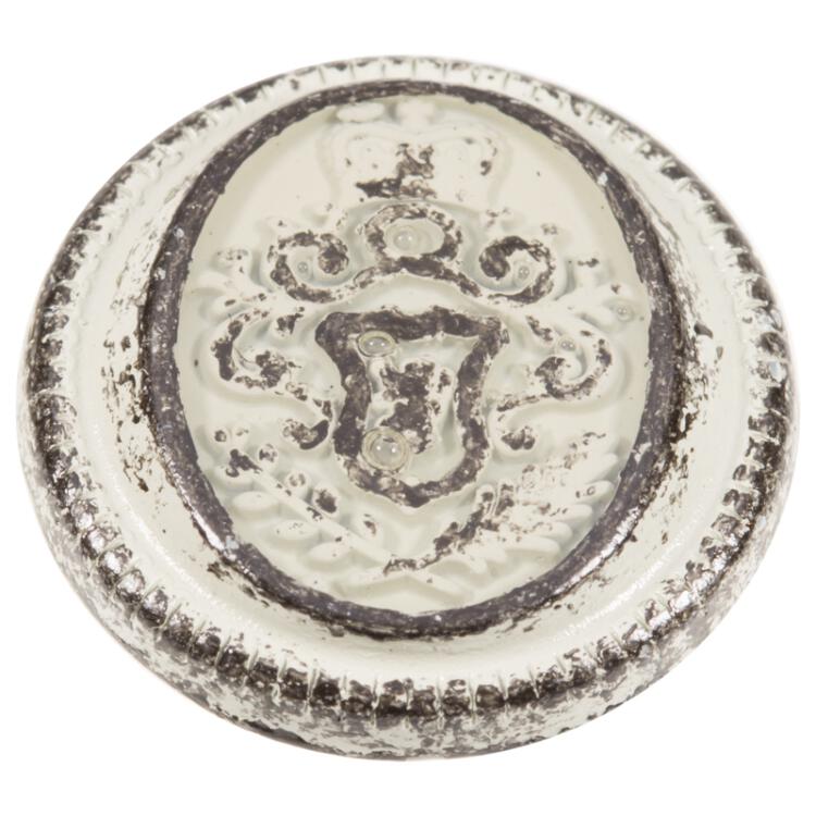 Metallknopf mit Wappen eisenfarbig in Beige pateniert, transparent emailliert