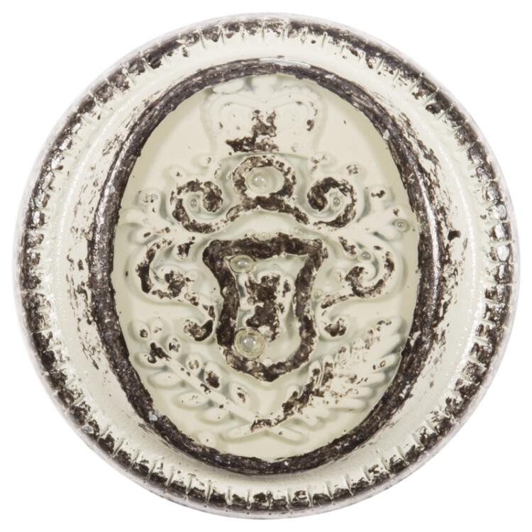 Metallknopf mit Wappen eisenfarbig in Beige pateniert, transparent emailliert