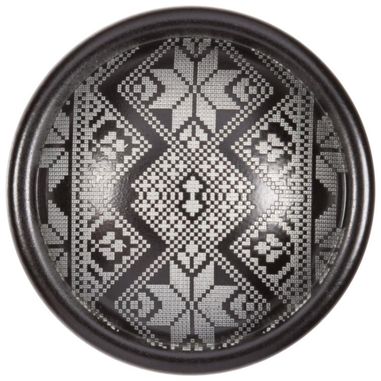 Metallknopf schwarz lackiert mit gelasertem Ornament in Grau