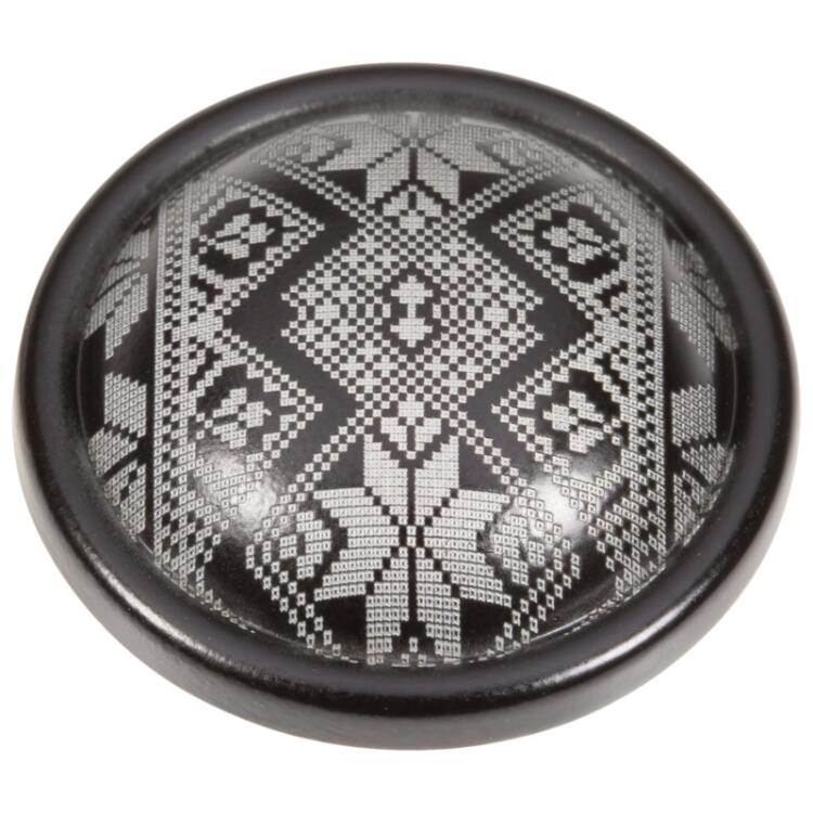 Metallknopf schwarz lackiert mit gelasertem Ornament in Grau 25mm