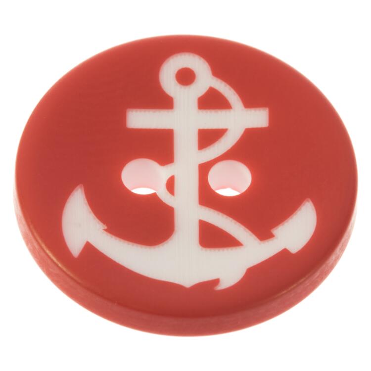 Maritimer Knopf aus Kunststoff in Rot mit weißem Anker 15mm