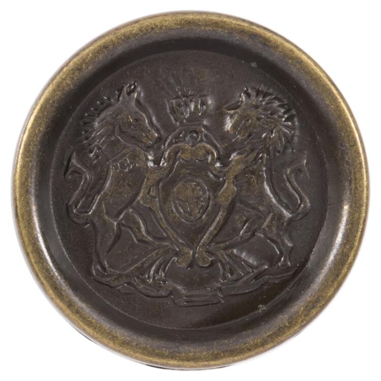 Metallknopf mit Wappen-Motiv und hohem Rand in Altmessing
