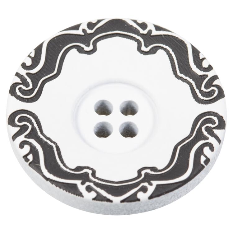 Kunststoffknopf mit weißer Vorderseite und schwarzem Ornament am Rand 15mm