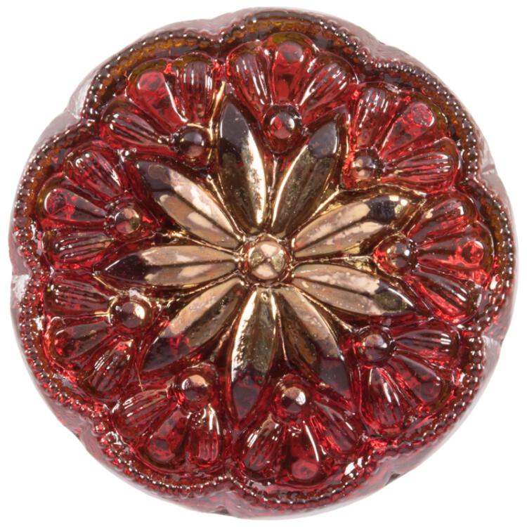 Glasknopf mit feinem Blumenmotiv in Rot mit Gold 14mm