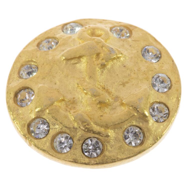Metallknopf in Gold mit Anker-Motiv und Strasssteinen 15mm