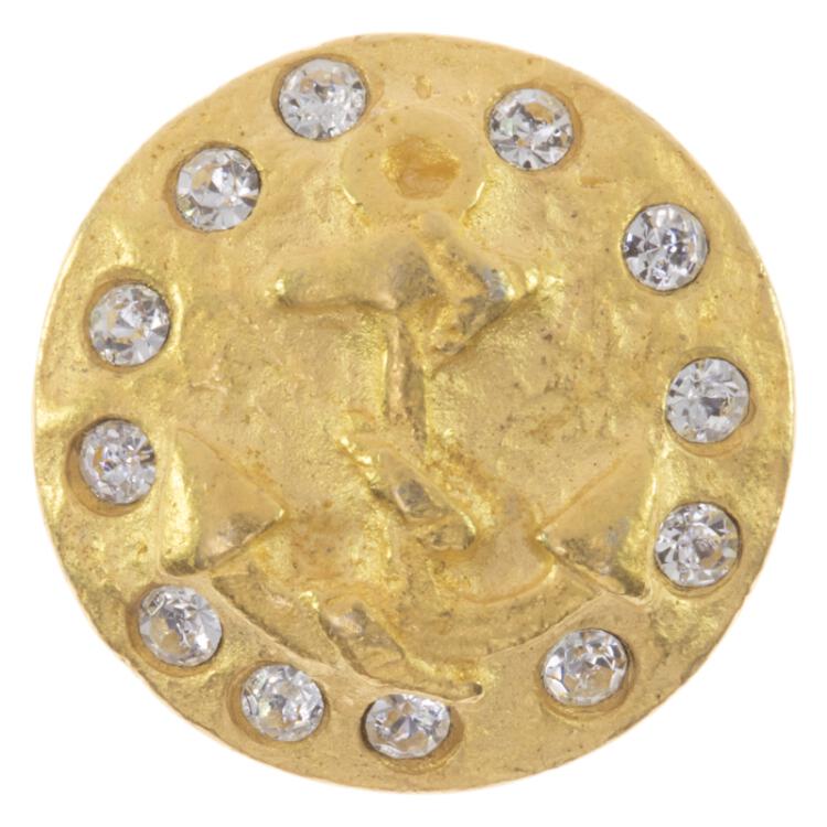 Metallknopf in Gold mit Anker-Motiv und Strasssteinen 15mm