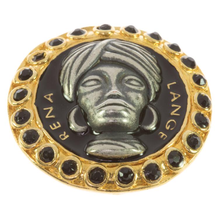 Metallknopf in Gold mit Buddha-Kopf und schwarzen Strasssteinen am Rand