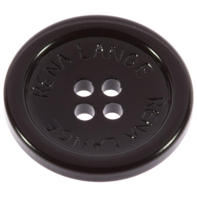 Kunststoffknopf in glänzend Schwarz mit "RENA LANGE"-Beschriftung 18mm