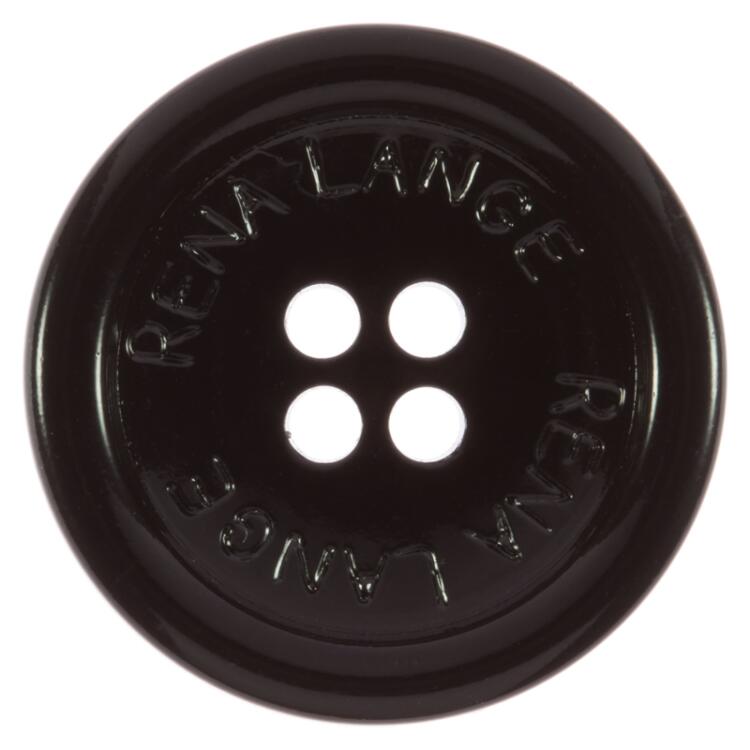 Kunststoffknopf in glänzend Schwarz mit "RENA LANGE"-Beschriftung 23mm
