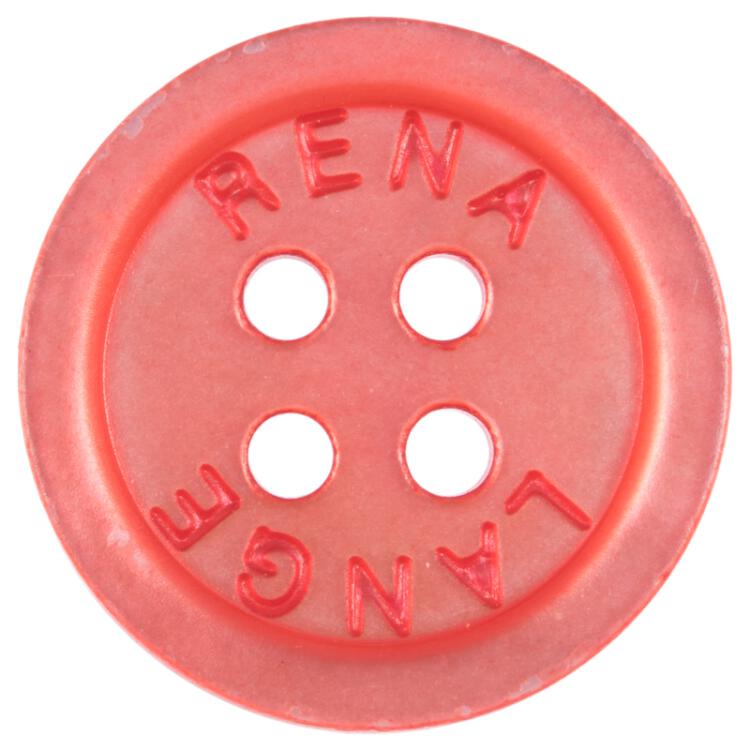 Perlmuttknopf in Rot mit "RENA LANGE"-Beschriftung