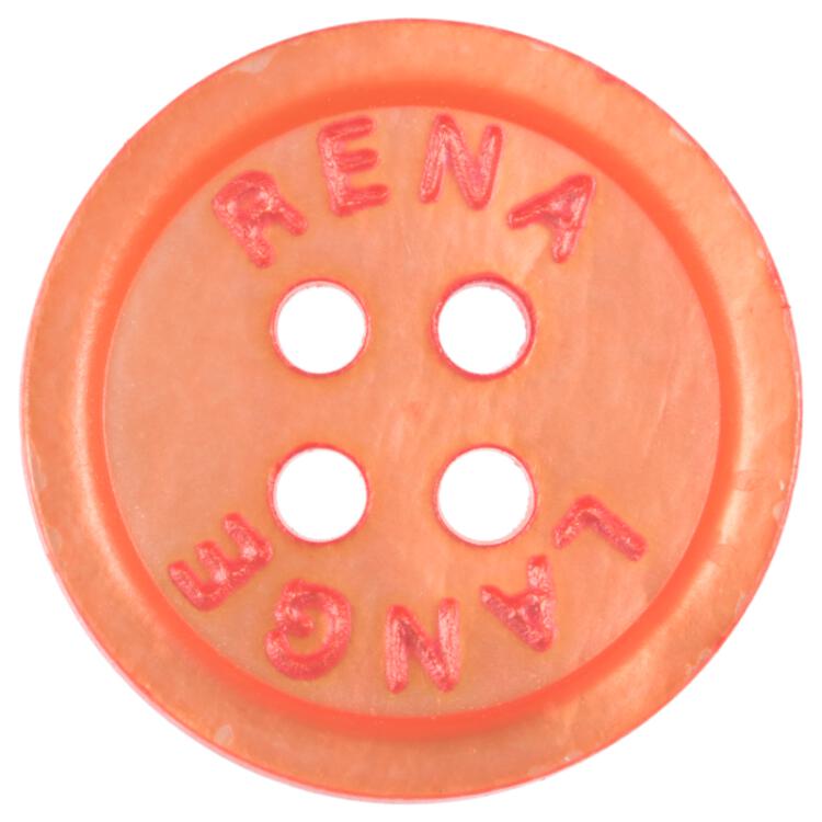 Perlmuttknopf in Orange mit "RENA LANGE"-Beschriftung