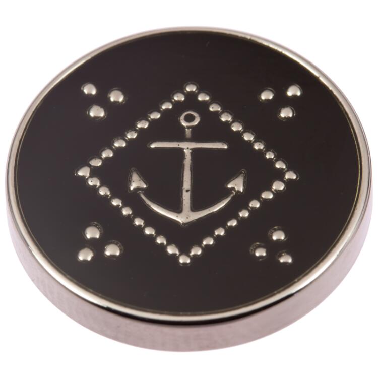 Maritimer Knopf aus Kunststoff in Schwarz mit silbernem Anker 15mm
