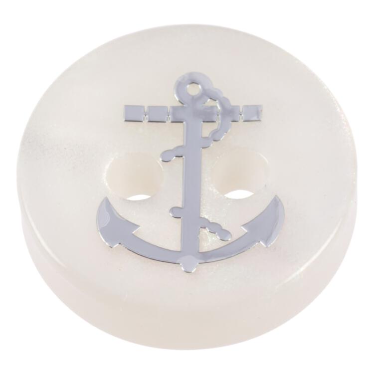 Maritimer Knopf aus Kunststoff in Perlmuttweiß mit silbernem Anker 11mm