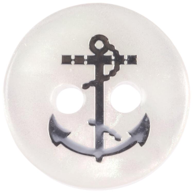 Maritimer Knopf aus Kunststoff in Perlmuttweiß mit silbernem Anker 11mm