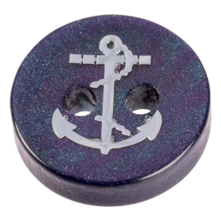 Maritimer Knopf aus Kunststoff in Perlmuttblau mit silbernem Anker