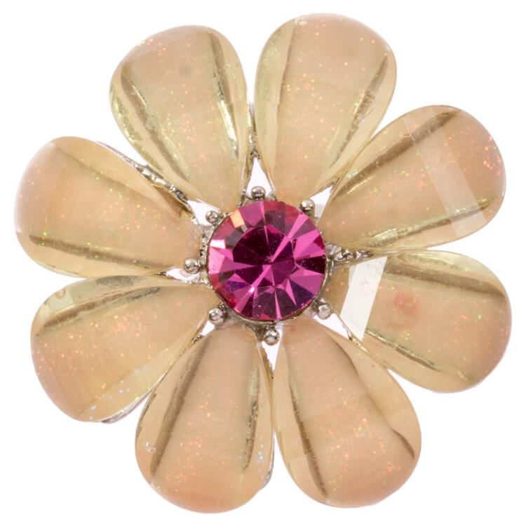 Zierknopf Blume in Beige mit Steinchen in Rosa 25mm