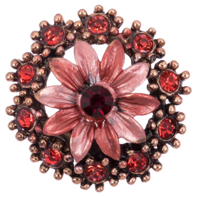 Zierknopf aus Metall in Blumenform in Rot mit Strasssteinen 23mm