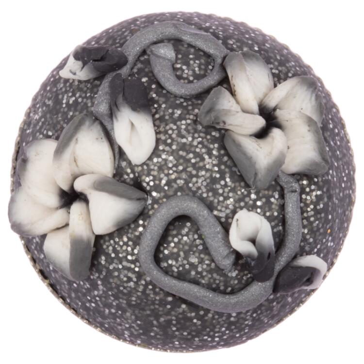 Schmuckknopf aus Metall in Grau besetzt mit Blumen 20mm