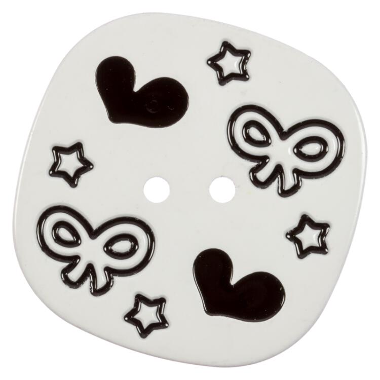 Quadratischer Knopf in Weiß mit Schleifchen und Herzen in Schwarz