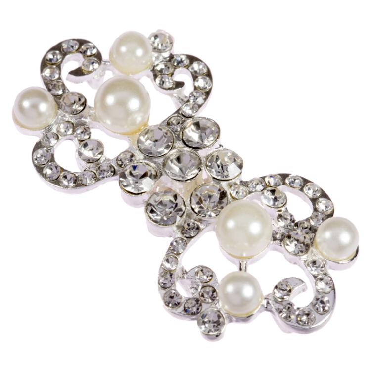 Zierverschluss in Silber mit Strasssteinen und Perlen 60mm