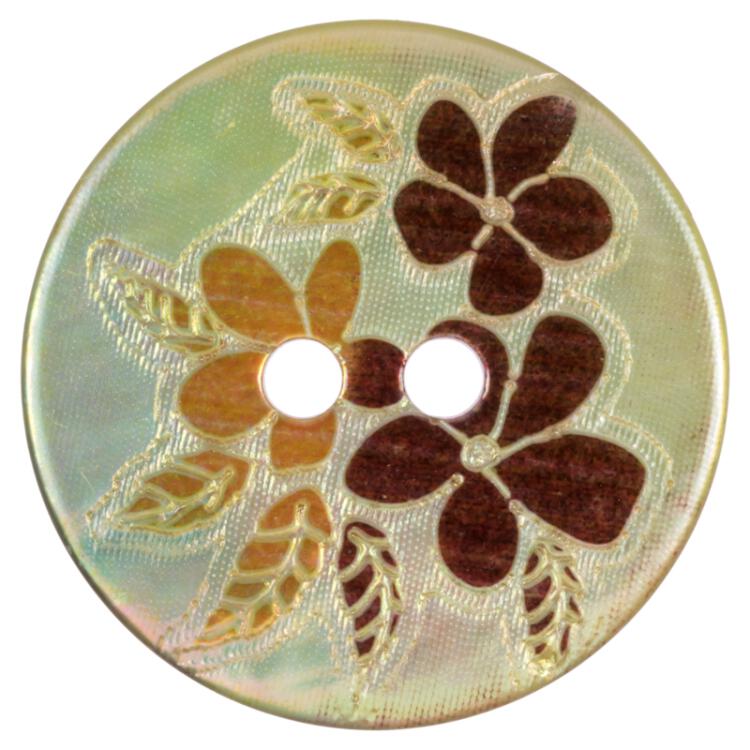 Perlmuttknopf mit floralem Motiv in Braun-Orange