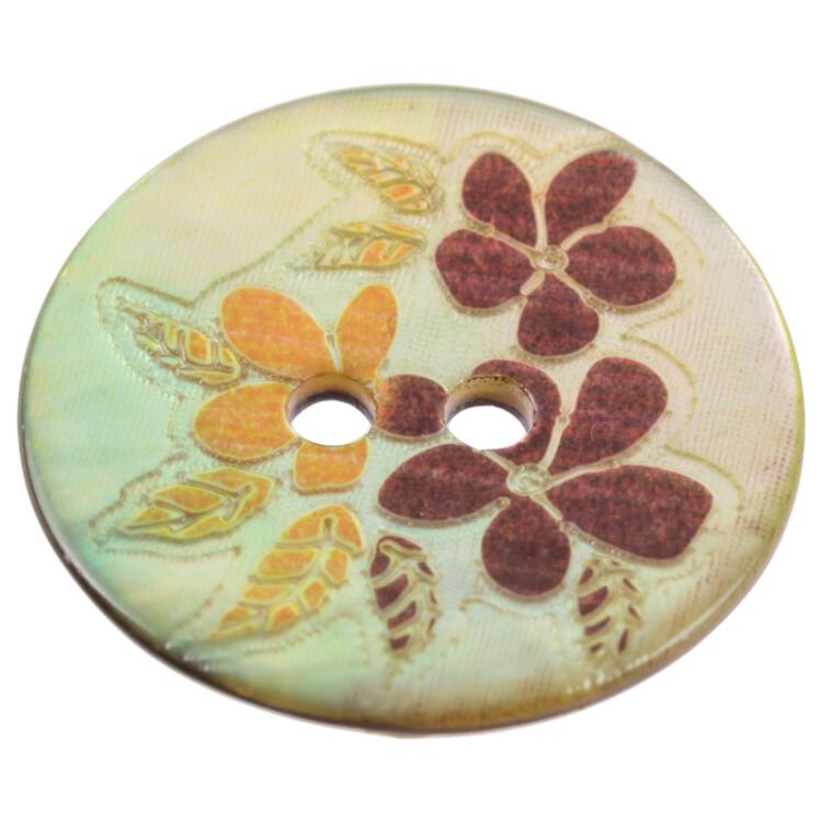 Perlmuttknopf mit floralem Motiv in Braun-Orange 15mm