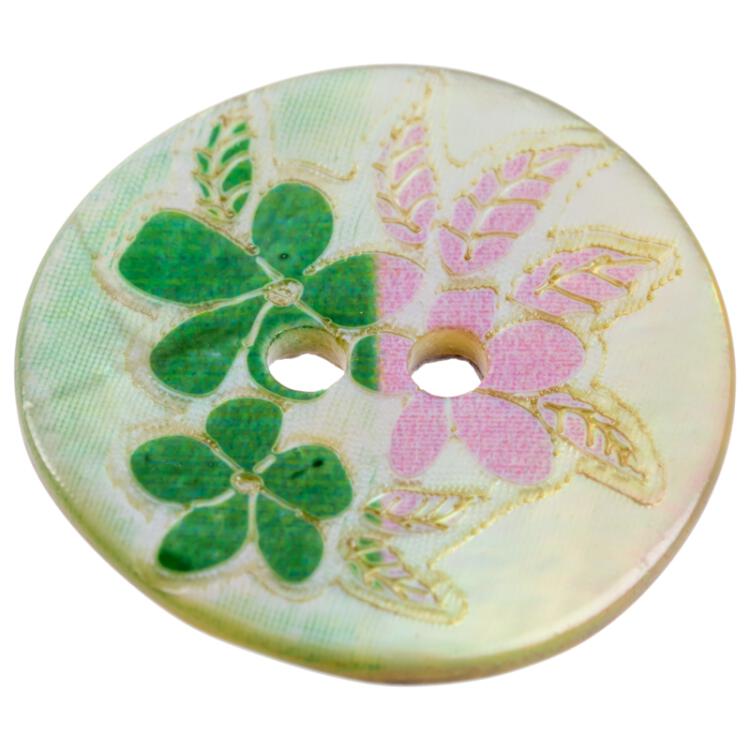 Perlmuttknopf mit floralem Motiv in Rosa-Grün 15mm