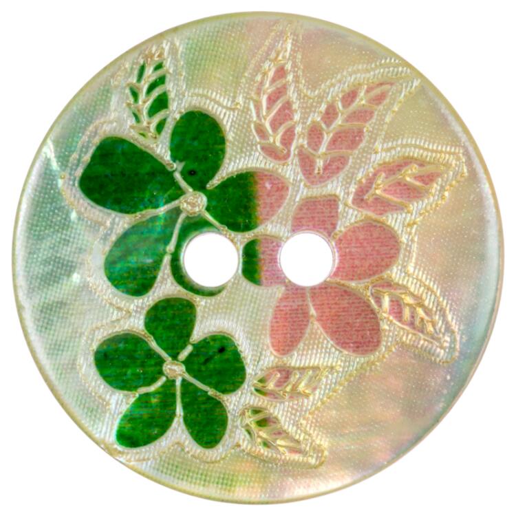 Perlmuttknopf mit floralem Motiv in Rosa-Grün 15mm