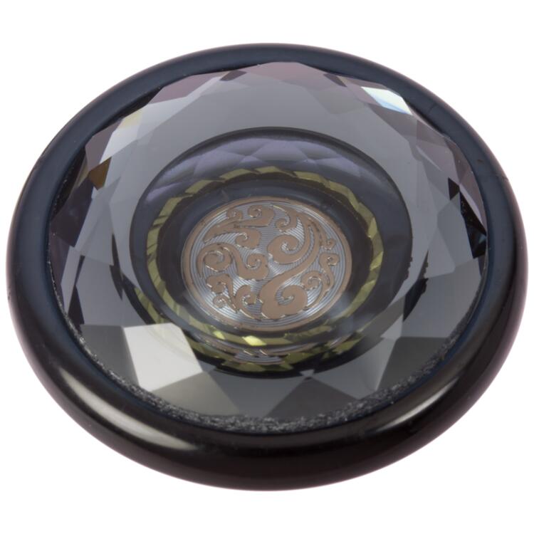 Facettierter Schmuckknopf in Schwarz-Grau mit Ornament 34mm