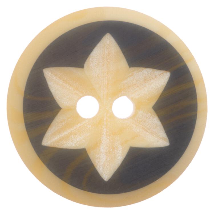 Kunststoffknopf in Holzoptik mit dunkelblauer Schicht und ausgeschnitztem Stern