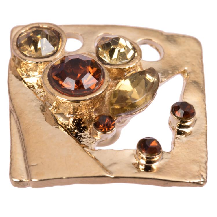 Quadratischer Zierknopf in Gold mit braunen Steinen 28mm