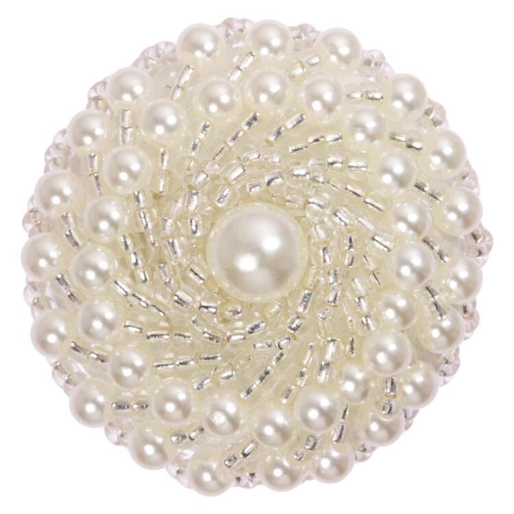 Zierknopf bestickt mit kleinen weißen Perlen und einer großen in der Mitte 38mm