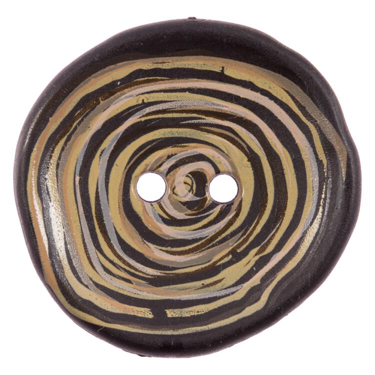 Kunststoffknopf unregelmäßig rund in Schwarz mit Wirbelmuster in Beige 38mm