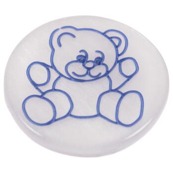 Kinderknopf aus Perlmuttimitat mit Teddybär-Motiv in Blau